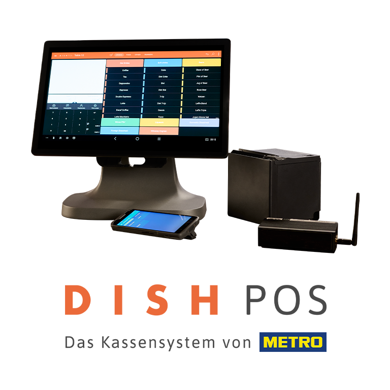 Die Hardware von DISH POS bestehend aus dem Kassenmonitor, dem Handheld, dem Server und dem Bon-Drucker