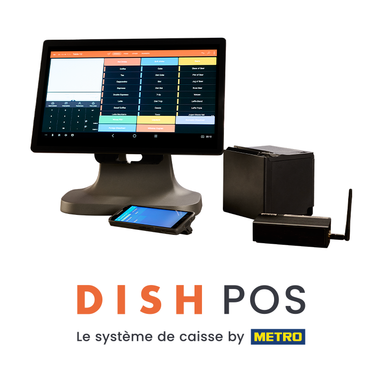 Le logo de DISH POS avec le matériel du système de caisse du restaurant
